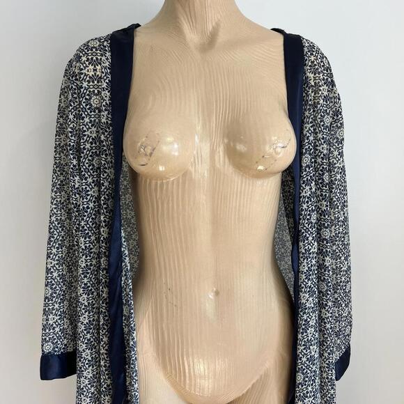 Vintage Women's One Size Blue Geometric Maxi Open Front Long Duster Cardigan - Picture 4 of 11